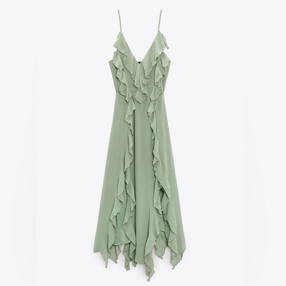 Zara Viral Ruffled V-Neck Sea Green SS23 Long Dress - Picture 3 of 4